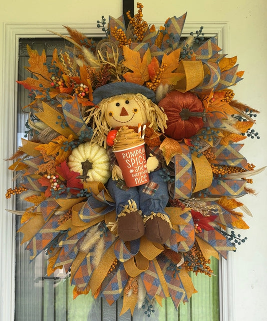 Scarecrow Wreath | Fall Front Door Wreath | Rustic Harvest Decor | Thanksgiving Porch Decor | Handmade Autumn Wreath