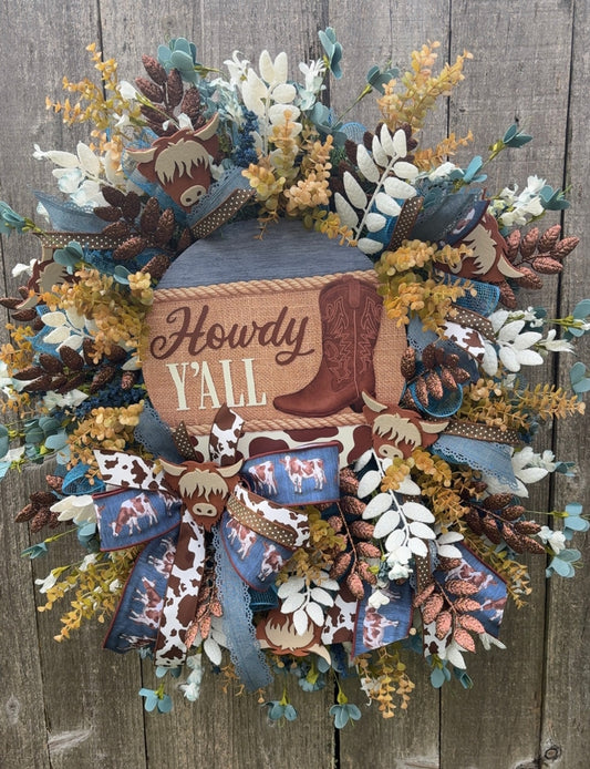 🤠 Howdy Y’all Wreath | Western Front Door Wreath | Southern Welcome Door Hanger | Farmhouse Porch Decor | Rustic Country Home Decoration