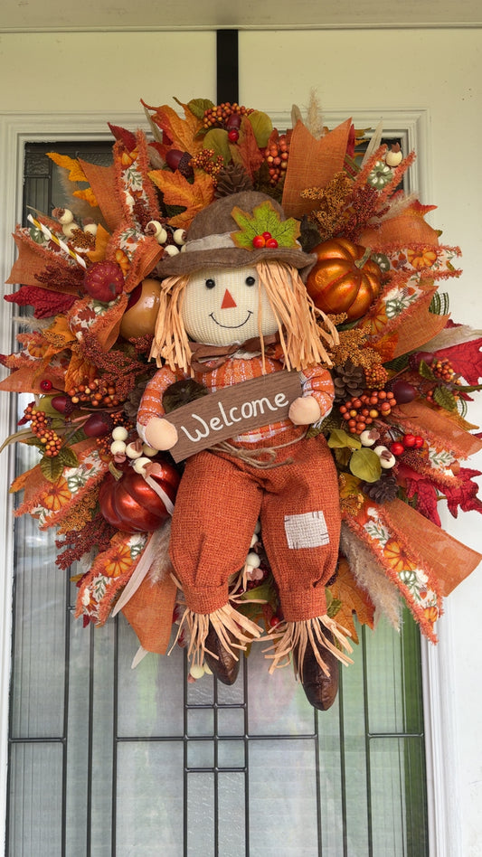 Autumn Belle Scarecrow Girl Fall Wreath – Handmade Farmhouse Autumn Door Decor